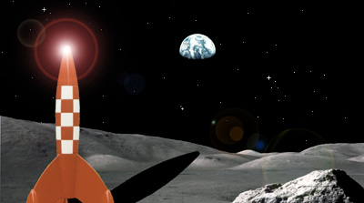 Tintin moon rocket on the moon, by site webmaster